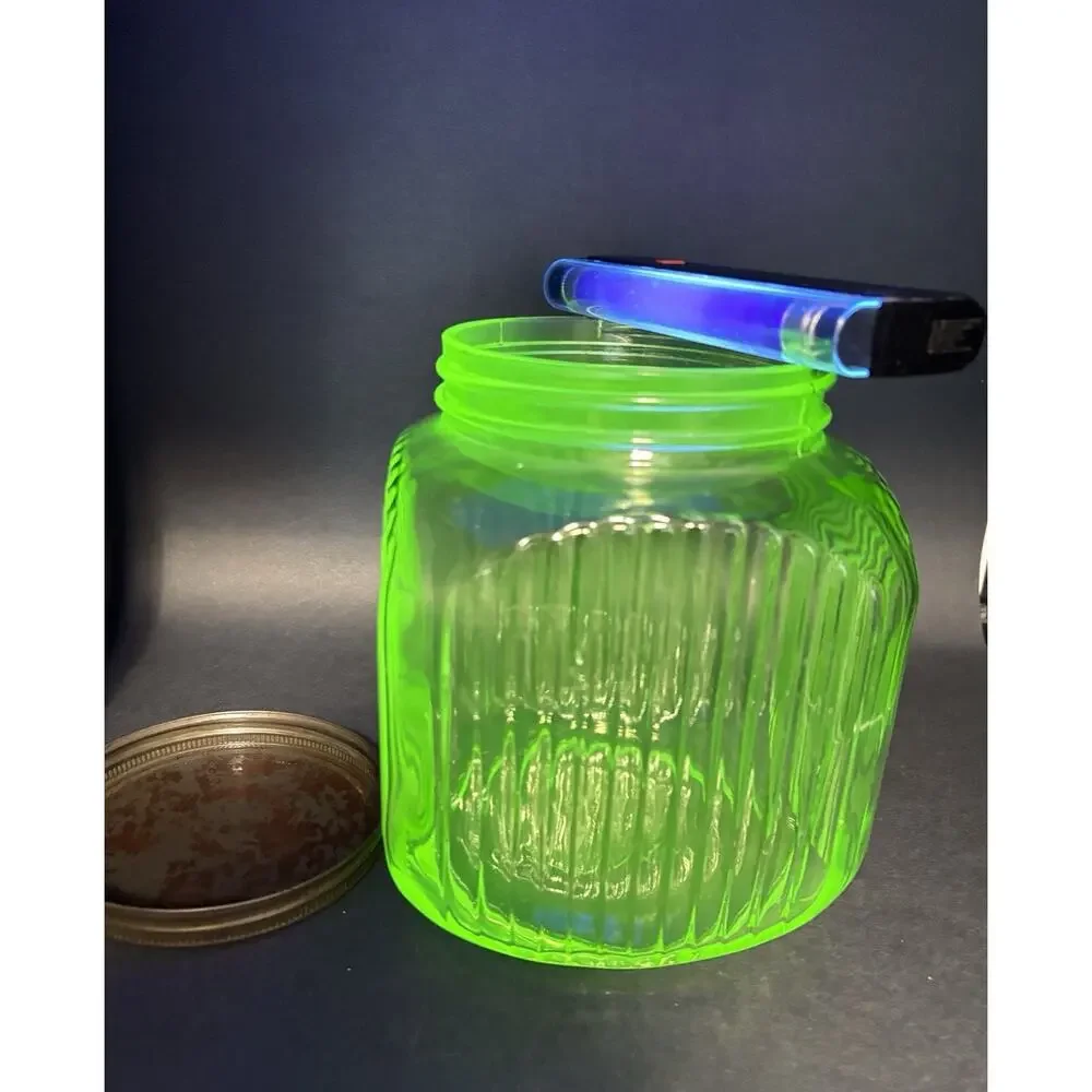 1930s Uranium Vaseline Glass Hoosier Style Canister Jar Ribbed UV Glow Lid